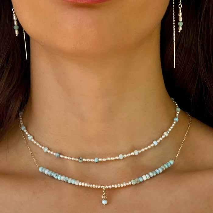 Boho Rice Pearl Larimar Necklace | Freshwater Pearl Larimar Necklace Australia