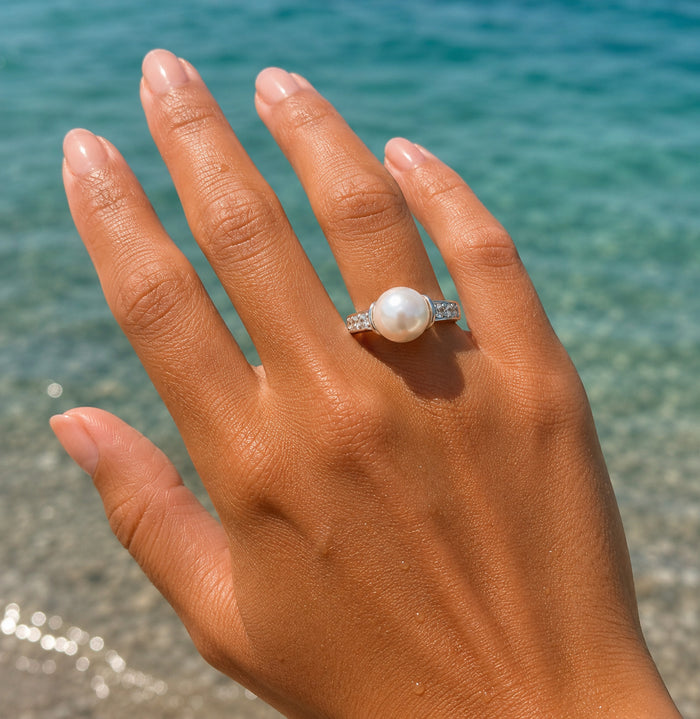 cubic zirconia and pearl dress ring designed in broome Western Australia