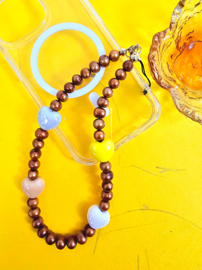 Brown Freshwater Pearls With Hearts Phone Strap PC004