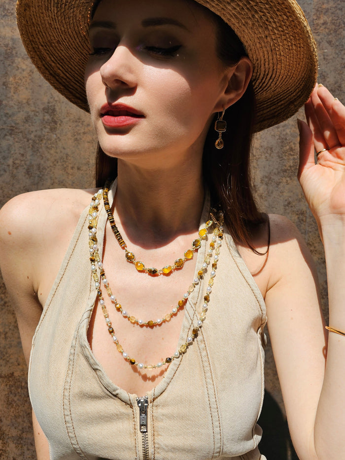 Brown Tiger-eye And Yellow Citrine With Freshwater Pearls Long Necklace PN058