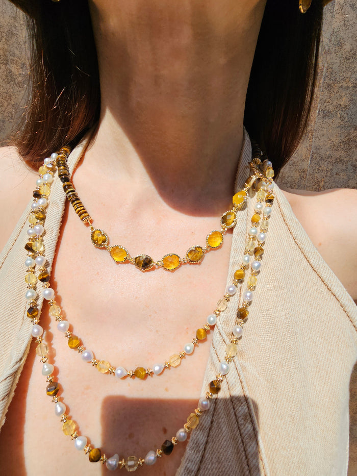 Brown Tiger-eye And Yellow Citrine With Freshwater Pearls Long Necklace PN058