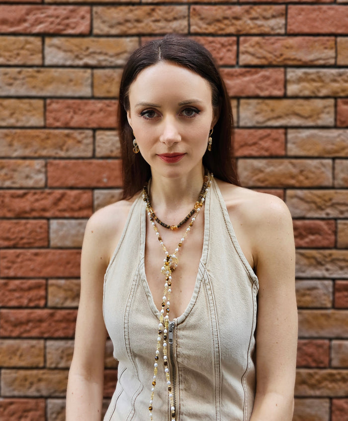 Brown Tiger-eye And Yellow Citrine With Freshwater Pearls Long Necklace PN058