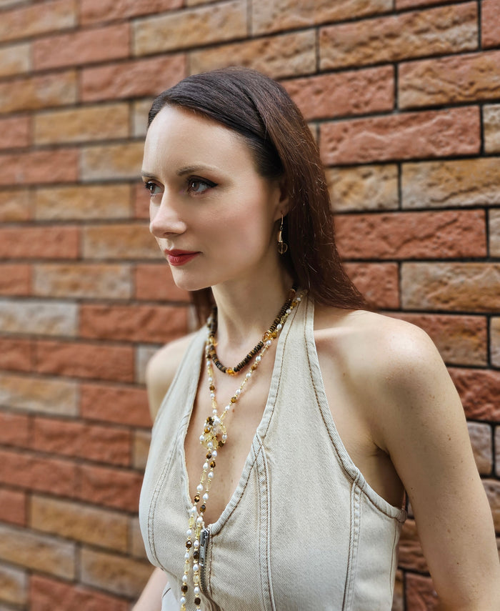 Brown Tiger-eye And Yellow Citrine With Freshwater Pearls Long Necklace PN058