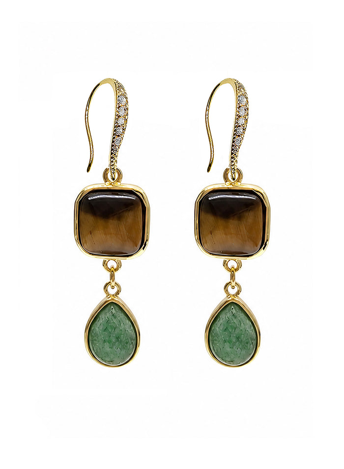 Brown Tiger-eye Stone And Teardrop Aventurine Dangle Earrings SE015