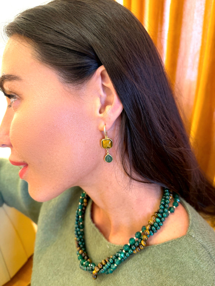Brown Tiger-eye Stone And Teardrop Aventurine Dangle Earrings SE015