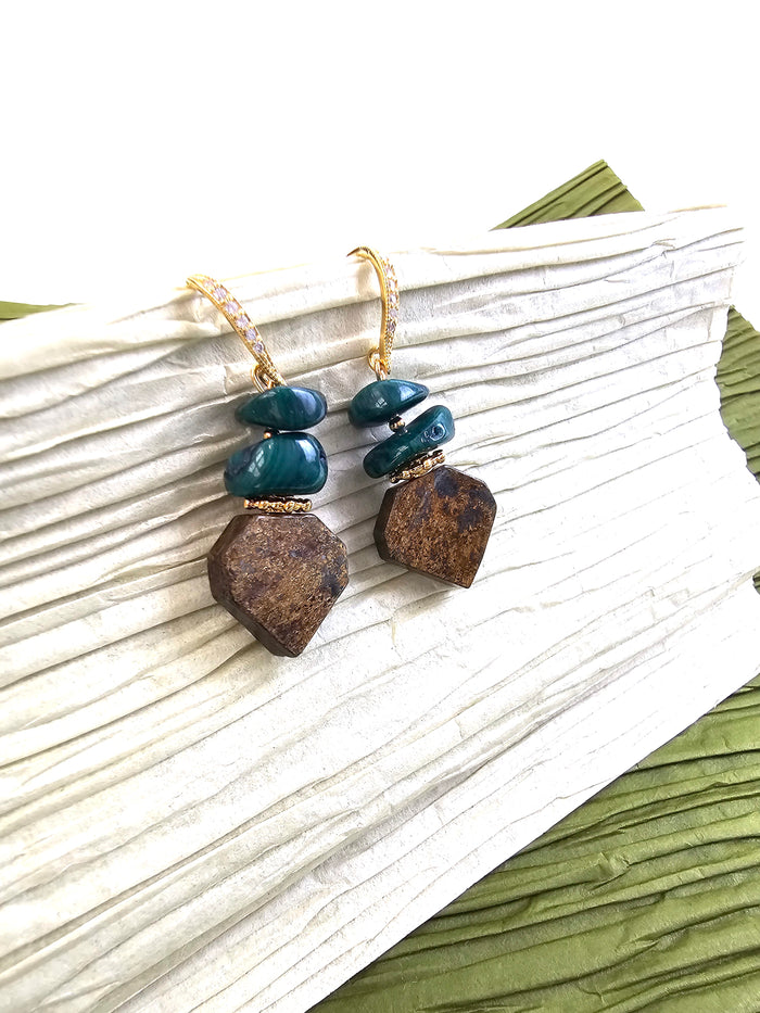 Brown Tiger-eye With Green Bamboo Coral Earrings QE010