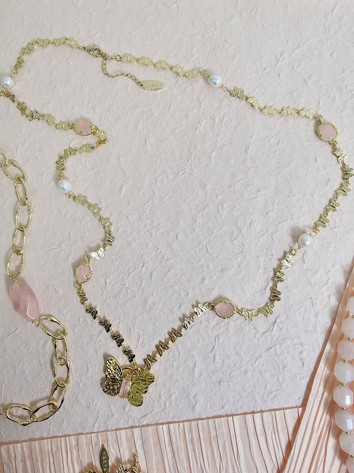 Butterfly Pendant With Rose Quartz Stones Long Necklace PN037