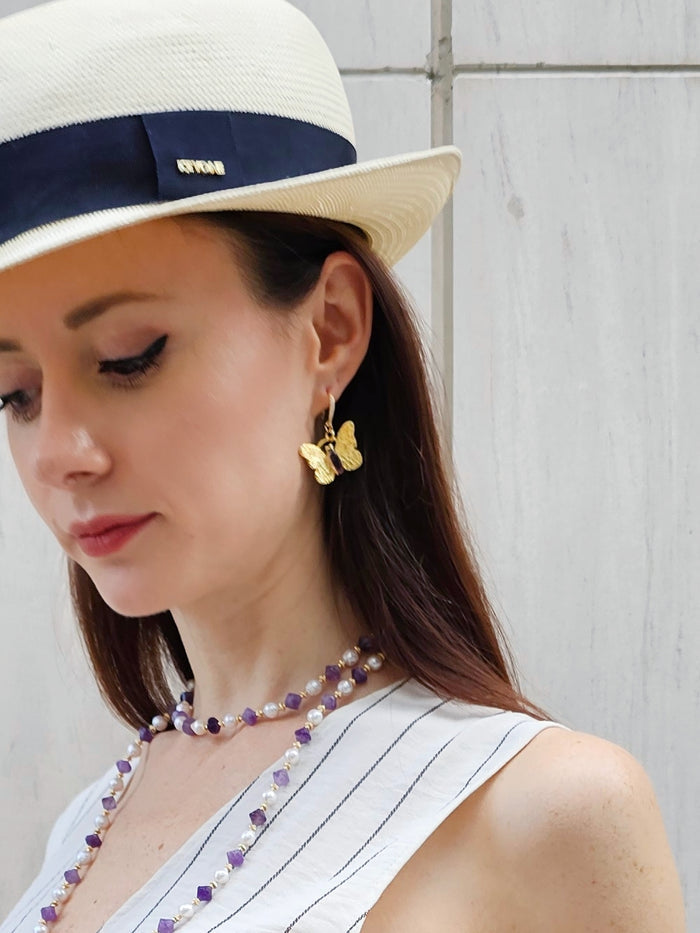 Butterfly With Amethyst Stone Dangle Earrings PE013