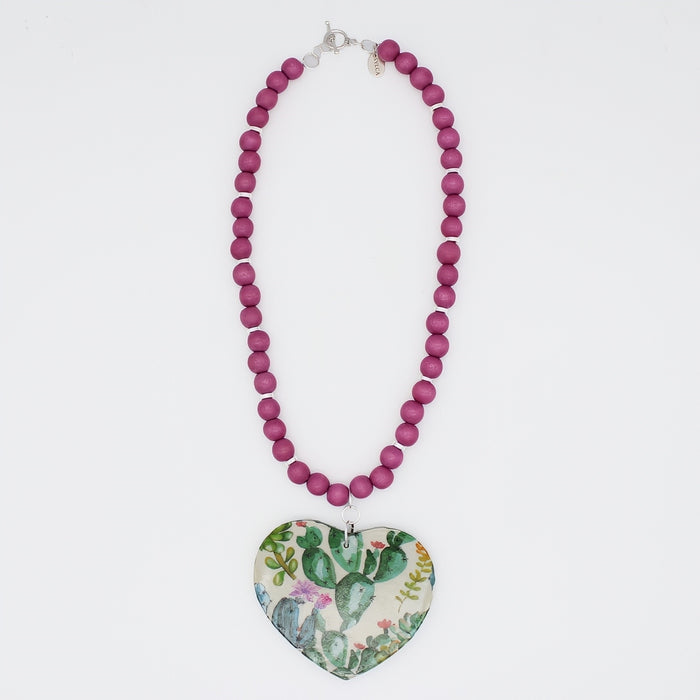 Cactus Decoupage Heart Necklace - Sylca Designs - Artsy Chunky Jewelry