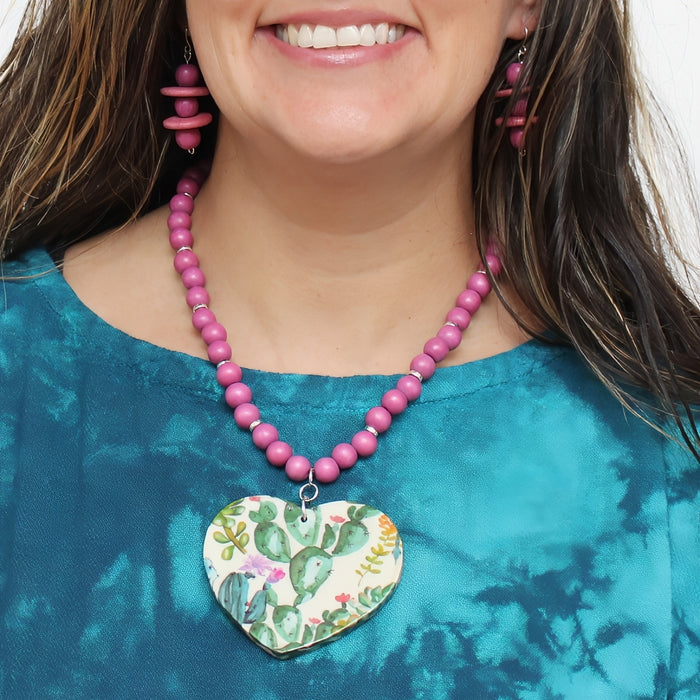 Cactus Decoupage Heart Necklace - Sylca Designs - Artsy Chunky Jewelry