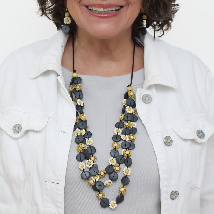 Chartreuse Petite Daisy Triple Strand Necklace - Sylca Designs - Chunky Jewelry