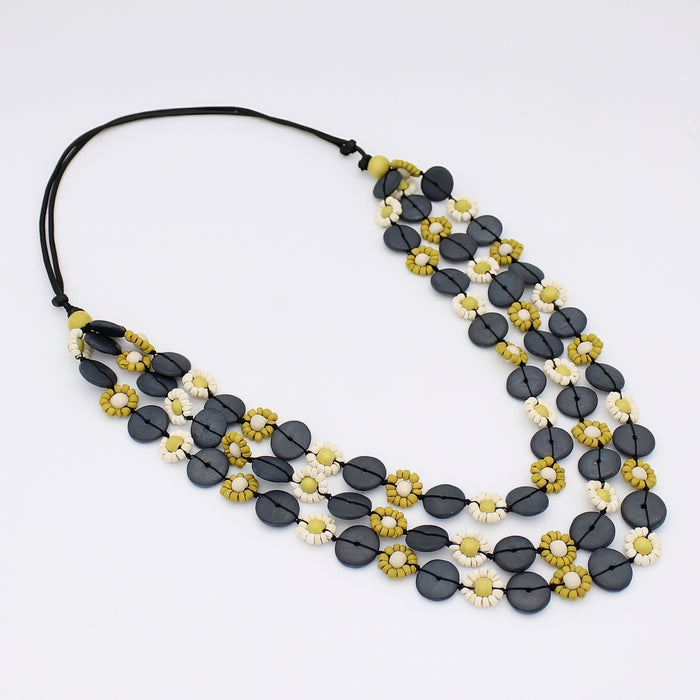 Chartreuse Petite Daisy Triple Strand Necklace - Sylca Designs - Chunky Jewelry