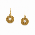 ladies pearl hook earrings in gold with intricate pattern on them designed in broome western australia