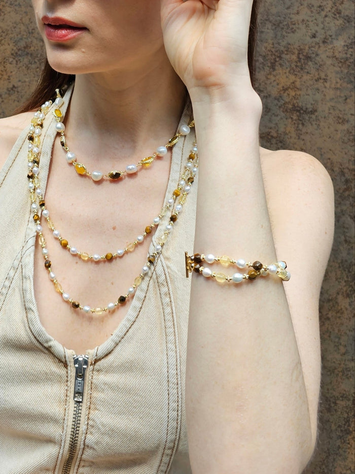 Citrine And Brown Tiger-eye With Freshwater Pearls Double Layers Bracelet PB023