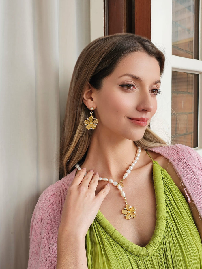 Citrine Flower Dangle Statement Earrings RE009