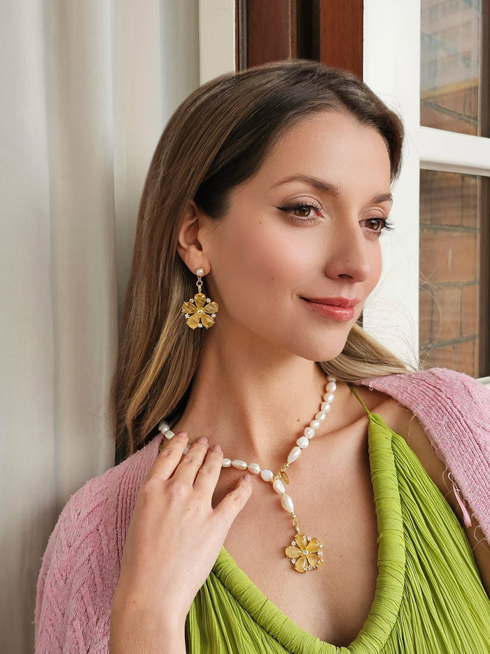 Citrine Flower Dangle Statement Earrings RE009