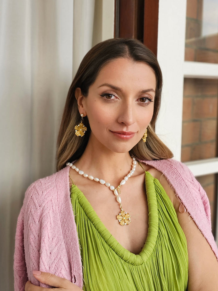 Citrine Flower Dangle Statement Earrings RE009