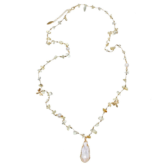 Citrine With Baroque Pearl Pendant & Bee Charms Multi-Way Chain Necklace GN012 - FARRA
