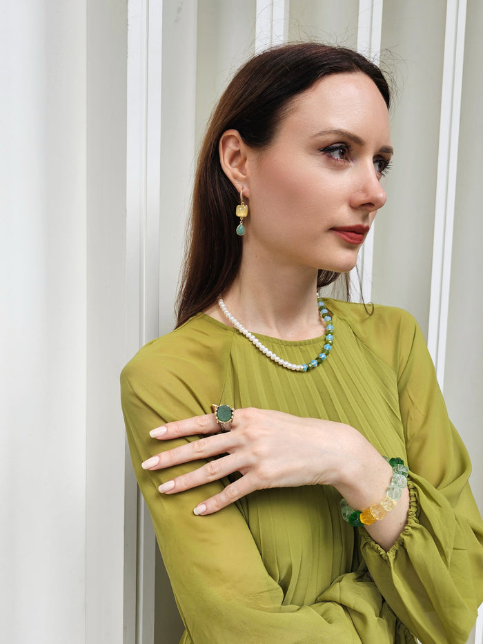 Citrine With Green Amazonite Dangle Earrings PE047