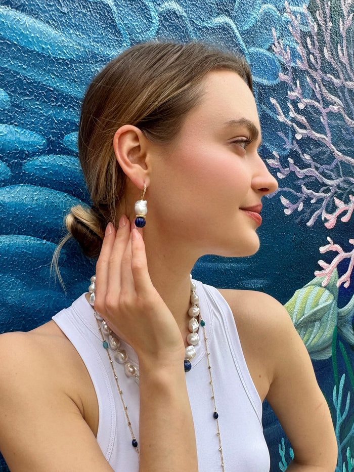 Classic Baroque Pearls with Pumpkin-Shaped Lapis Earrings LE024 - FARRA