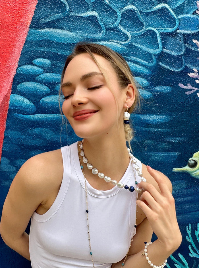Classic Baroque Pearls with Pumpkin-Shaped Lapis Earrings LE024 - FARRA