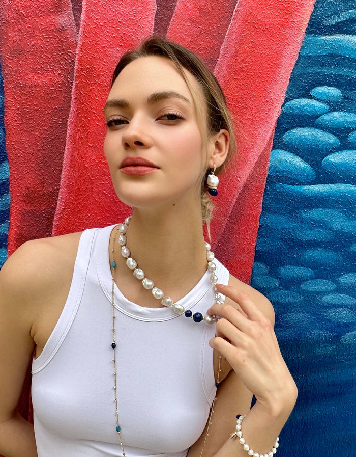 Classic Baroque Pearls with Pumpkin-Shaped Lapis Earrings LE024 - FARRA