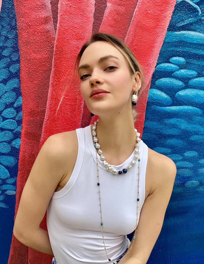 Classic Baroque Pearls with Pumpkin-Shaped Lapis Earrings LE024 - FARRA
