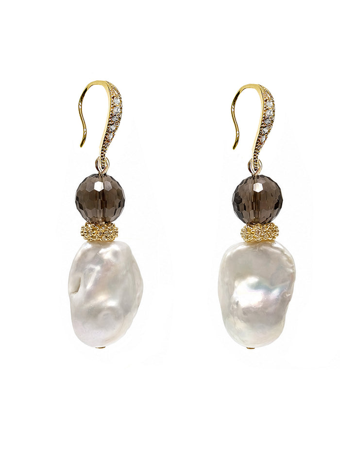 Classic Style Baroque Pearl With Smoky Quartz Dangle Earrings SE026