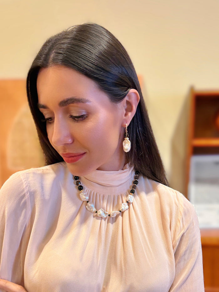 Classic Style Baroque Pearl With Smoky Quartz Dangle Earrings SE026