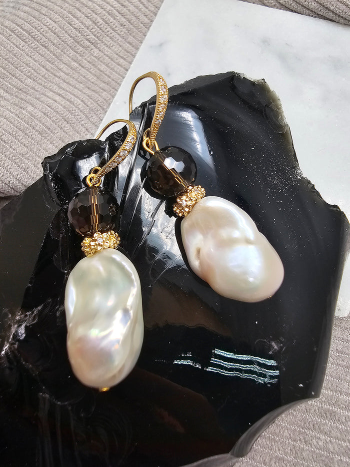 Classic Style Baroque Pearl With Smoky Quartz Dangle Earrings SE026