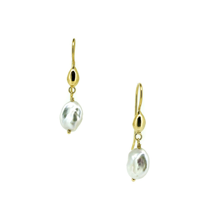 Coastal Dew Drop Baroque Pearl 10mm Hook Earrings Gold