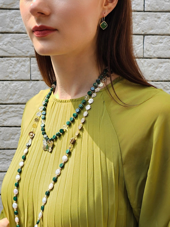 Coin Shaped Malachite And Freshwater Pearls With Flower Chain Versatile Necklace PN059