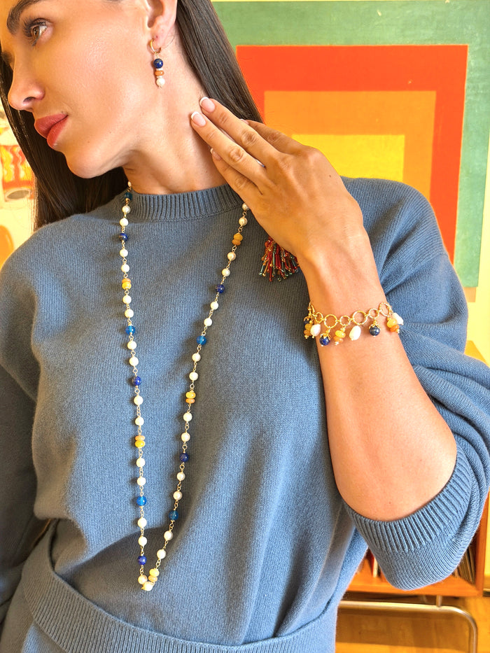 Colorful Gemstone With Freshwater Pearl Charms Bracelet SB009