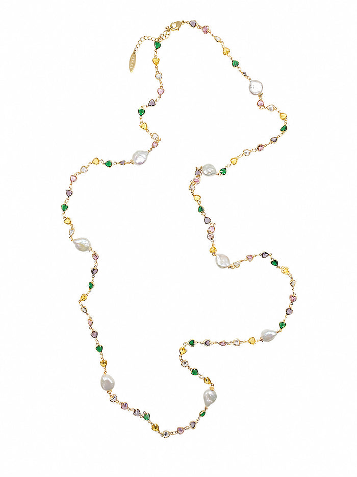 Colorful Heart Zircon Chain With Baroque Pearls Long Station Necklace SN038