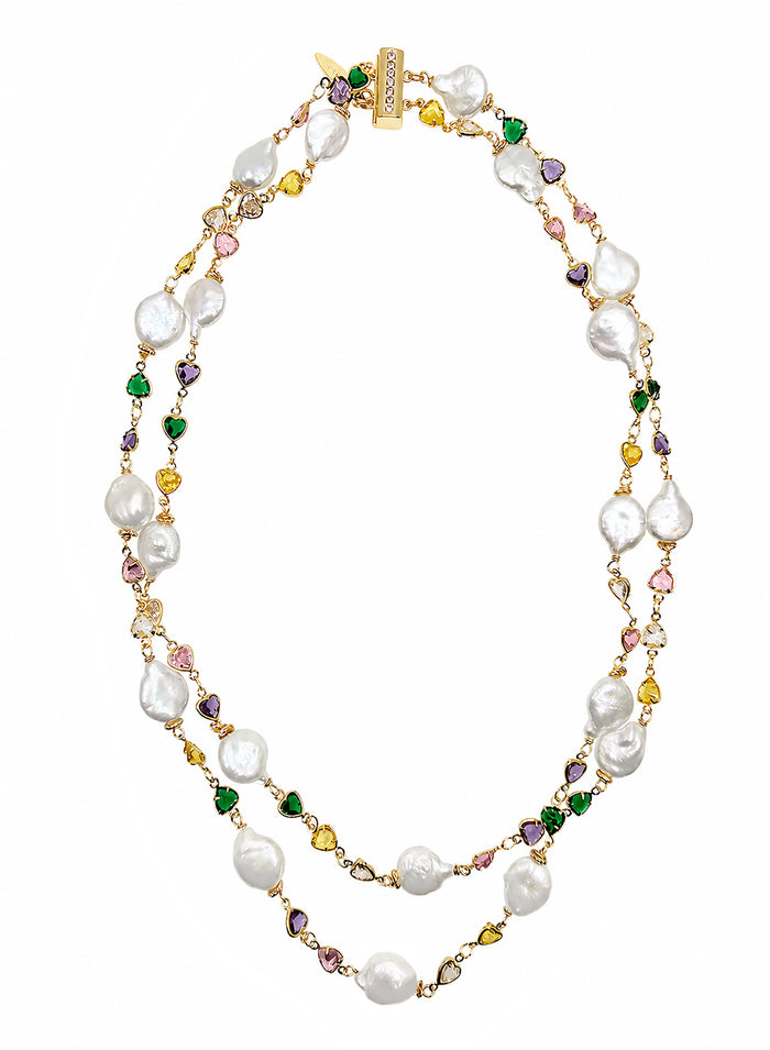 Colorful Zircon Chain With Baroque Pearl Double Layers Necklace SN041