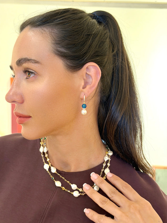 Colorful Zircon Chain With Baroque Pearl Double Layers Necklace SN041