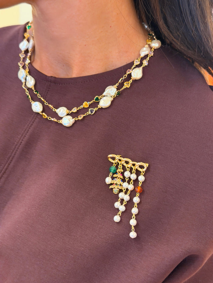 Colorful Zircon Chain With Baroque Pearl Double Layers Necklace SN041