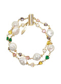 Colorful Zircon With Irregular Flat Baroque Pearls Double Layers Bracelet SB021