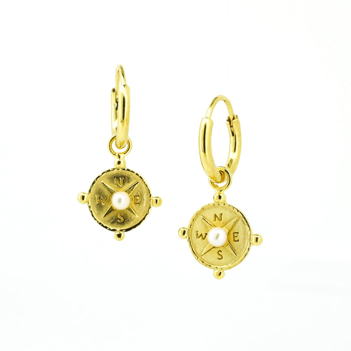 Compass sleeper earrings gold with freshwater pearl nautical jewellery designed in Broome Australia