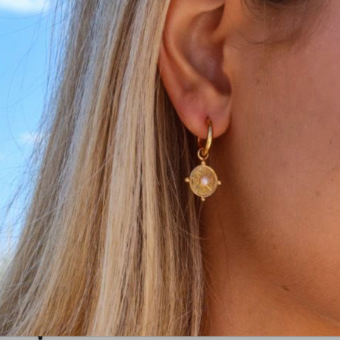 Compass sleeper earrings gold with freshwater pearl nautical jewellery designed in Broome Australia