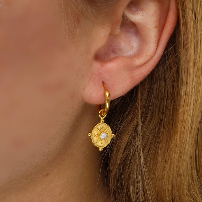 Compass sleeper earrings gold with freshwater pearl nautical jewellery designed in Broome Australia