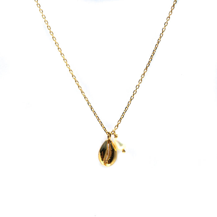 “Cowrie shell gold vermeil necklace with freshwater pearl designed in Broome Western Australia”