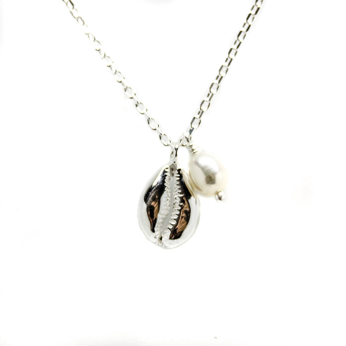 Cowrie Shell Pearl Necklace in 925 sterling silver featuring genuine freshwater pearls and a cowrie shell pendant