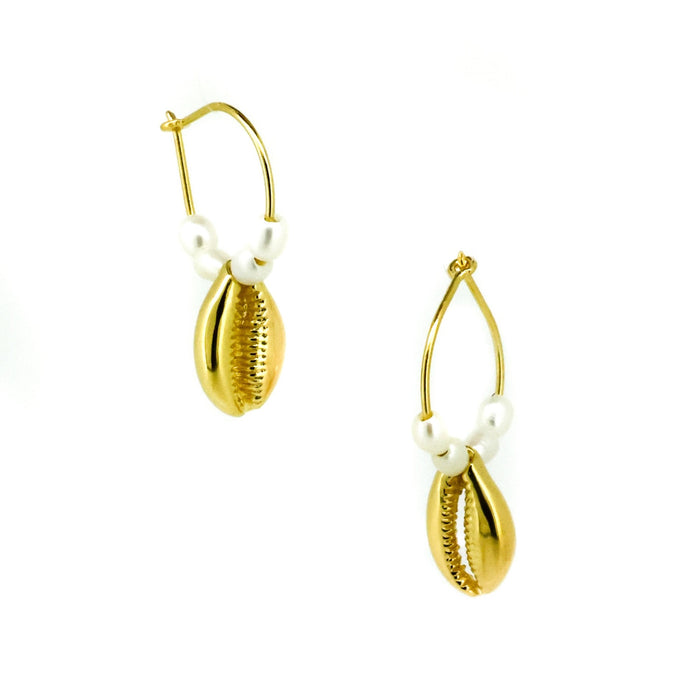 Gold cowrie shell pearl sleeper earrings with freshwater pearls designed in Broome Australia
