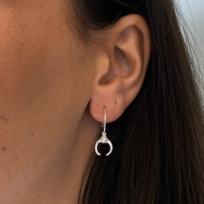 Crescent Moon Pearl Sleeper Earrings Silver