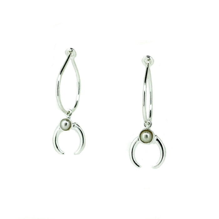 Crescent Moon Pearl Sleeper Earrings Silver