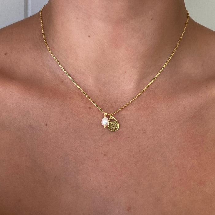 “Dainty boab tree and freshwater pearl gold vermeil necklace designed in Broome Western Australia”