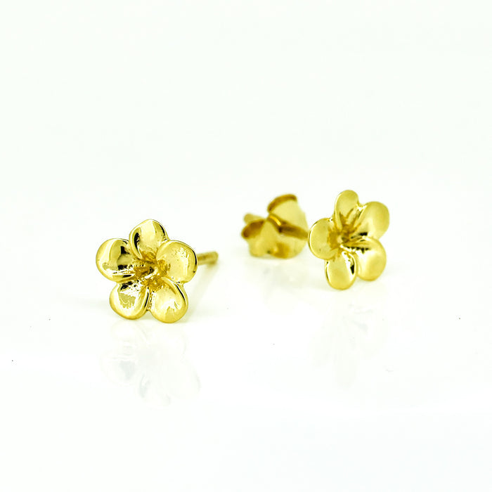 Dainty frangipani flower stud earrings in gold vermeil over 925 sterling silver
