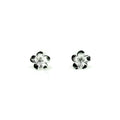 A pair of sterling silver frangipani stud earrings against a white background.