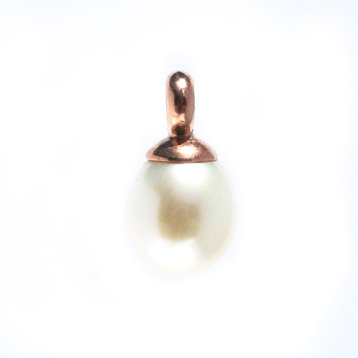 A white pearl pendant with a rose gold cap and loop